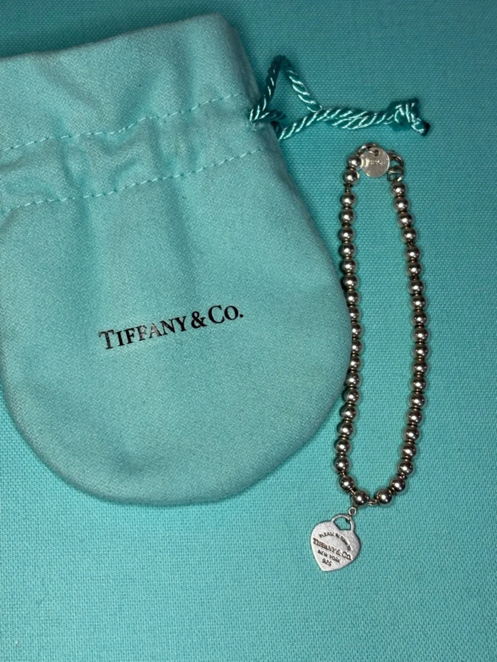 Authentic Tiffany & Co. 4mm Bead Bracelet with Mini Blue Heart Charm - Picture 6 of 6